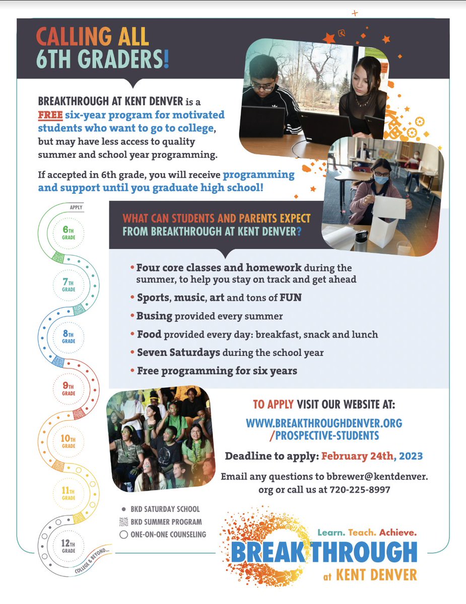 BreakthroughKD's tweet image. Breakthrough is now recruiting 6TH GRADE STUDENTS! Please visit our website (breakthroughdenver.org/prospective-st…) and SUBMIT AN APPLICATION today! The DEADLINE TO APPLY is February 24, 2023, so the sooner you apply, the better!

Learn more about Breakthrough! youtu.be/q2F4VER0Yp4