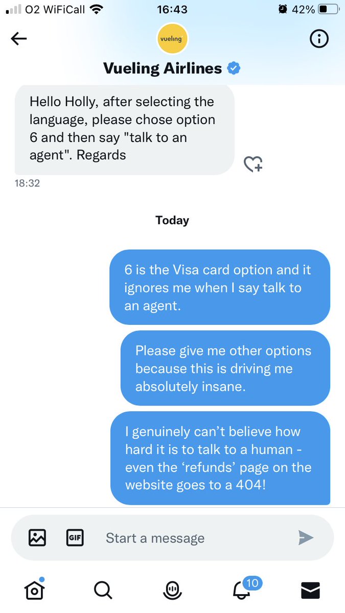 Withsuchgrace's tweet photo. Welcome to my latest absolutely nonsensical conversation with @vueling, where I explain that none of the contact options work (phone is entirely automated, email isn’t answered) and receive completely duff advice in return. https://t.co/uMXvo8DPhe