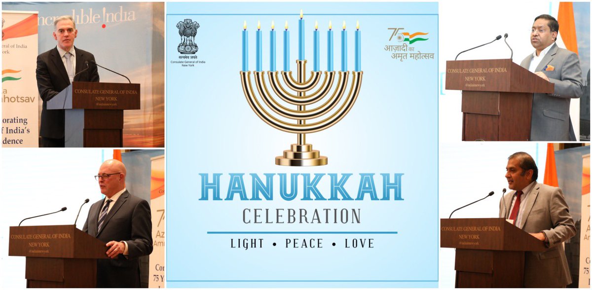 IndiainNewYork's tweet photo. #AzadiKaAmritMahotsav 

A testimony to the strong relations between India, US &amp; Israel &amp; our shared heritage!

@IndiainNewYork celebrated the festival of #Hanukkah in presence of eminent members of Jewish &amp; Indian🇮🇳community &amp; the diplomatic corps.

@MEAIndia 
@IndianEmbassyUS https://t.co/mWd4VksQcF