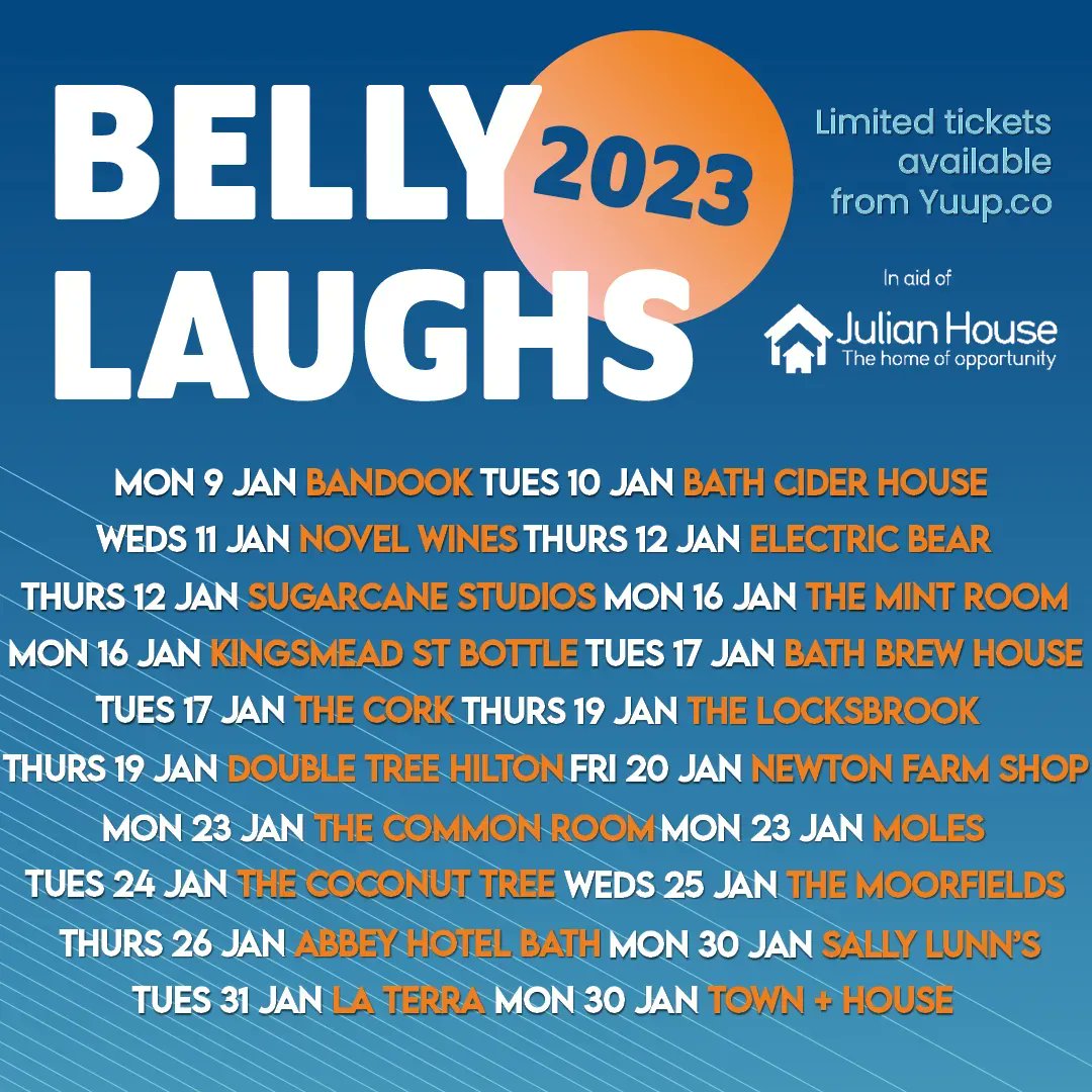 Food, laughs and charity come together in Bath next month, in aid of Julian House 🍴😆 @BellyLaughs tickets now on sale for January 2023 here buff.ly/3VH9UYa @bandoookkitchen_ @bathciderhouse @NovelWines @StudioSugarcane @TheMintRoom @ElectricBearUK @MolesBath and more