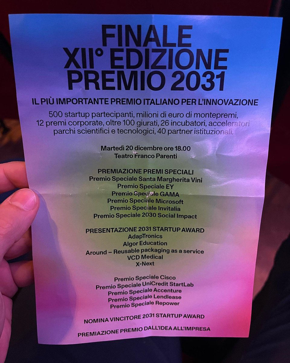 Orgogliosi di aver vinto il premio speciale <a href="/EY_Italy/">EY Italy</a> e essere tra le migliori 13 #startup del prestigioso <a href="/2___0___3___1/">Premio 2031</a> (ex Marzotto), tra i principali per l’#innovazione italiana. 

Un grazie ai giurati e #EY per aver creduto nella nostra #app.

#premio2031 #premioEY