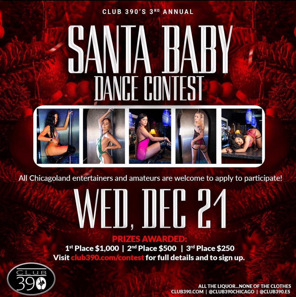 Ohh #SantaBaby, hurry down my #StripperPole tonight! Yes, there's a Santa Baby #DanceContest tonight (21st Dec) at @Club390.

USA #StripClub events like this, & many Xmas parties, are listed on our website: stripclubexperience.com/StripClubEvent…

#Club390 #ChicagoHeights #Chicago #Illinois
