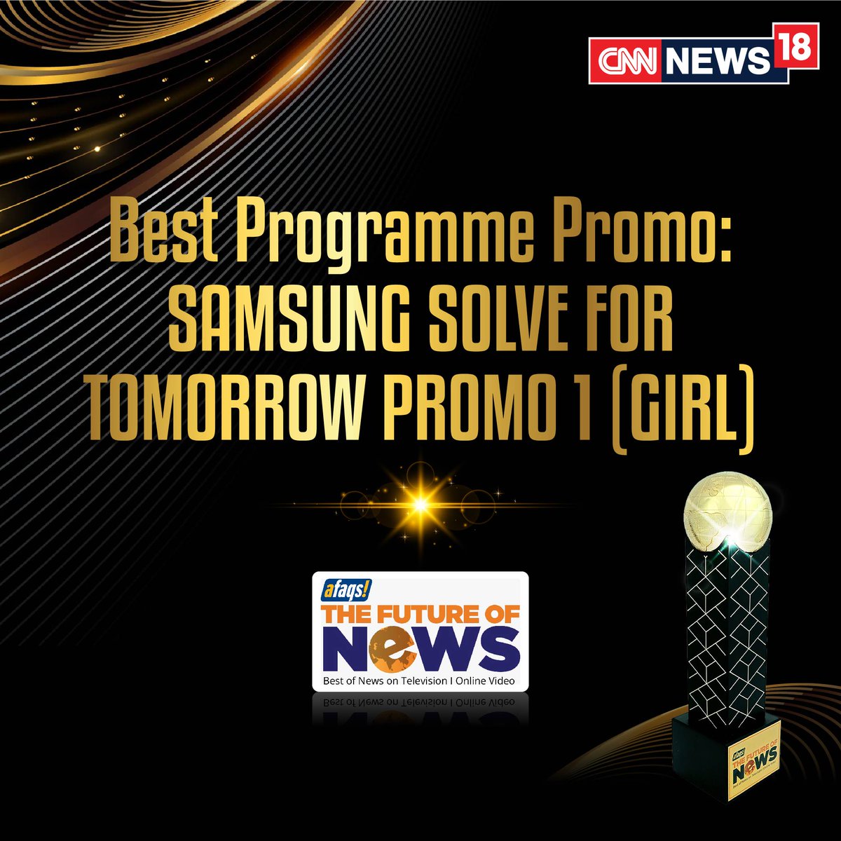 CNNnews18's tweet photo. CNN-News18 wins big again at the Afaqs Future of News Awards!
Samsung Solve For Tomorrow Promo gets the Best Program Promo Award!
#FutureOfNewsAwards #BestProgramPromo https://t.co/pdWLm3iyel