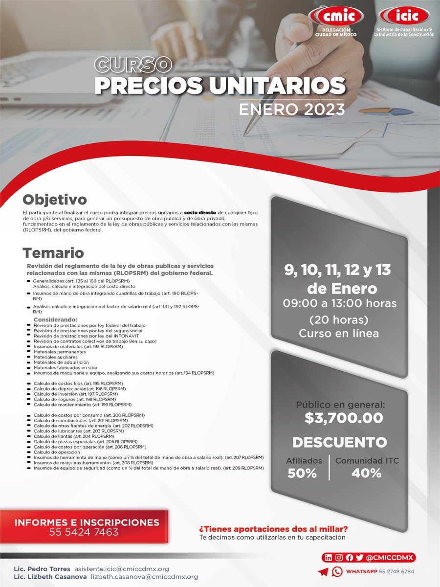 Te invitamos a nuestro próximo curso de #PreciosUnitarios que dará inicio el 9 de enero. Modalidad en línea 💻
☎️ Solicita tu inscripción o mayor información con la Delegación CMIC de tu Estado: bit.ly/3SzvCv8