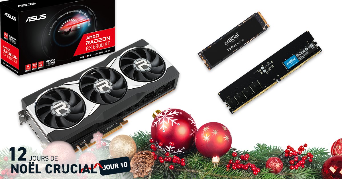 Déjà les derniers jours de notre concours de Noël ! 🌟 Notre lot du jour réunit 16Go de RAM Crucial DDR5 5200, un #SSD NVMe Crucial P5 Plus d’une capacité de 1To et un GPU 6900X de la part d’@AMD_France ! 💜 Pour participer 👉 crucial.gg/12DaysFR