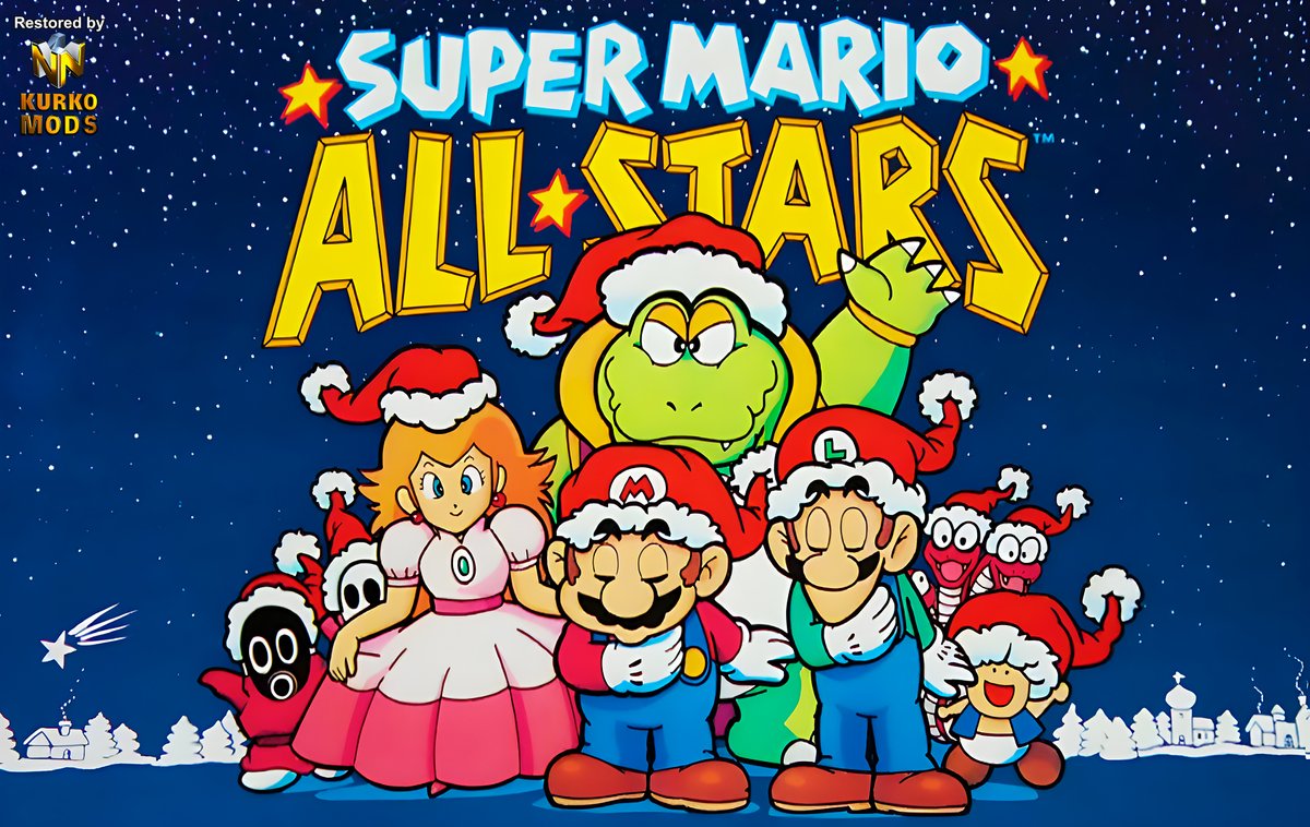 ❄️Mario All Stars Xmas Postcard❄️
Upscaled by AI and restored in Photoshop. 
Hope you like it! 
#retrogaming #SNES #christmas2022