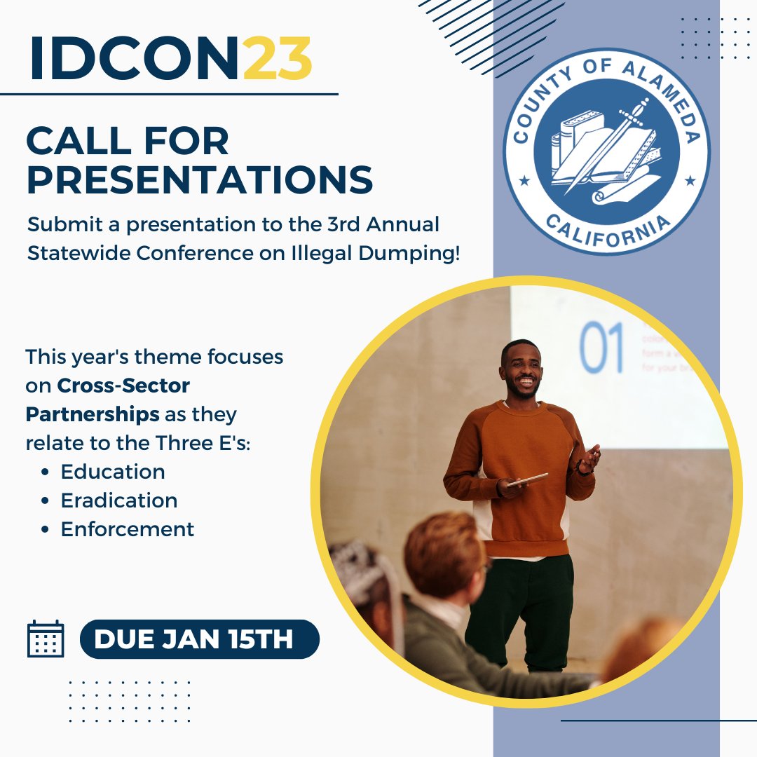 NSACTION_US's tweet photo. APPLY NOW to present at CA's 3rd Annual Statewide Conference on Illegal Dumping (#IDCON23), a hybrid event taking place in Oakland, CA & virtually 4/19 - 4/21/23! Submit your proposal here by Jan 15th: https://t.co/zzNWsPdxzW
#CleanCalifornia #IllegalDumping https://t.co/94rp8i3xUn