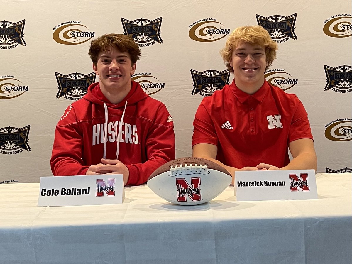 ElkhornSouthFB's tweet photo. Congratulations to ⁦@MaverickNoonan⁩ and ⁦@cole_ballard5⁩ for signing their National Letters of Intent with ⁦@HuskerFBNation⁩! We are proud of you and excited for your future, continuing as teammates in Lincoln! #GBR #RollStorm 🌽☠️🏈🌩 https://t.co/NnG6Mad6wk