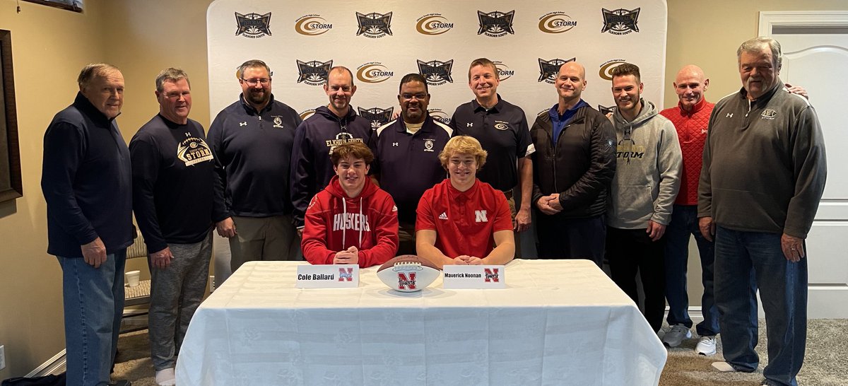 ElkhornSouthFB's tweet photo. Congratulations to ⁦@MaverickNoonan⁩ and ⁦@cole_ballard5⁩ for signing their National Letters of Intent with ⁦@HuskerFBNation⁩! We are proud of you and excited for your future, continuing as teammates in Lincoln! #GBR #RollStorm 🌽☠️🏈🌩 https://t.co/NnG6Mad6wk