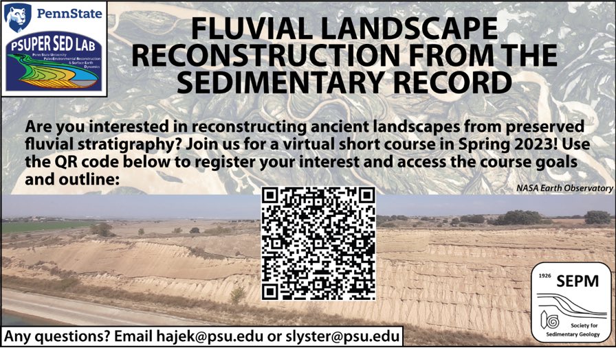 Interested in reconstructing ancient fluvial landscapes from the rock record? Join us for a virtual (and free!) short course in Spring 2023! Sign up can be accessed here: docs.google.com/forms/d/e/1FAI… and course content can be accessed here: sites.psu.edu/hajek/fluvial-… 🌍🏞️🪨