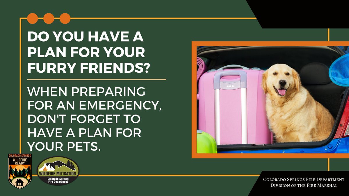 CSFDPIO's tweet image. WILDFIRE WEDNESDAY🔥
Our furry friends are also part of the family, so we need a plan for them in emergencies. If you are not home when disaster strikes, know what you&apos;re going to do to get your furry friends to a safe place.
#WildfireWednesday #COSReady #COSWildfireReady