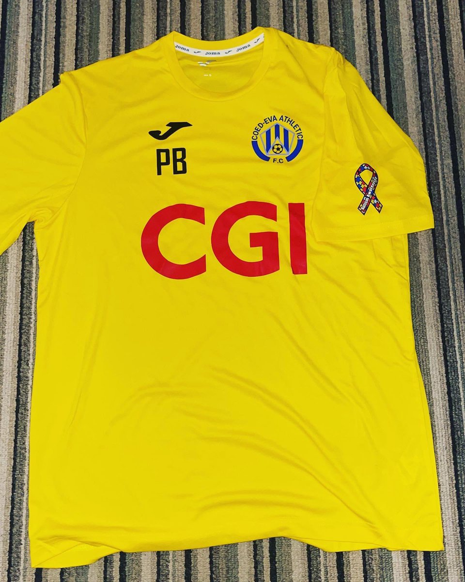 CoedEvaAFC's tweet photo. Our new Management (Yellow) and Players (Blue) club tops with the Autism Awareness logo on the sleeve. 
Big thanks to CGI and Hayley Davies for the sponsorship🔵⚪️

@CGI_Global @CGI_UKNEWS https://t.co/W4IaDAvnVi