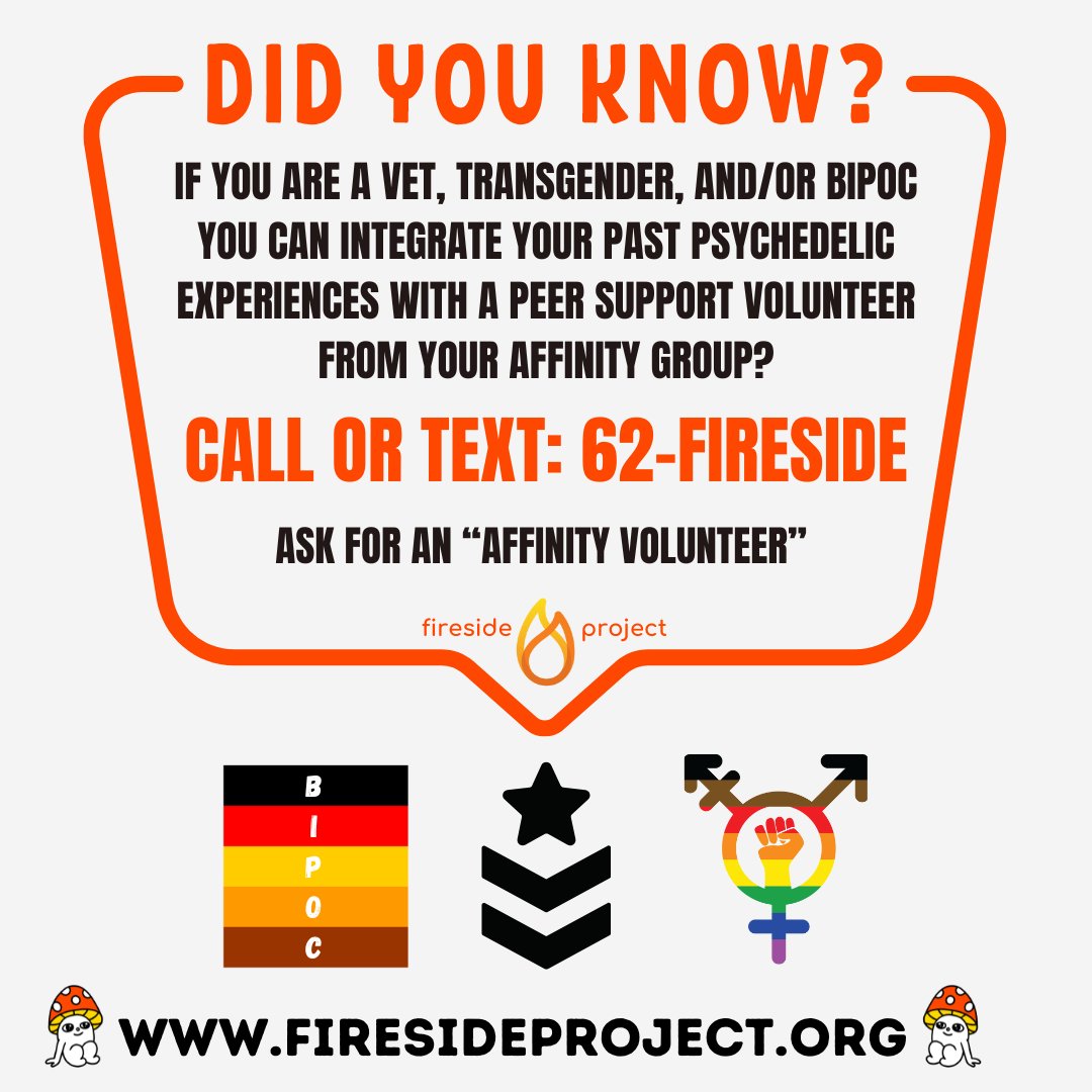 GlowFireside's tweet photo. BIPOC, transgender, and/or military veteran callers to #FiresideProject's Psychedelic Peer Support Line can now call or text in and request to process past psychedelic experiences with a support-line volunteer sharing that aspect of their identity! https://t.co/jiTIIFSvb0 https://t.co/cBNW6TuW25