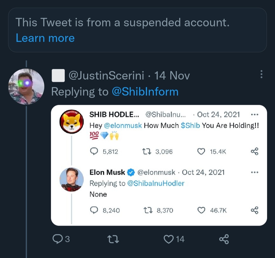 JustinScerini's tweet photo. Elon musk suspending shib accounts 🤝 https://t.co/xSv8lmTggM