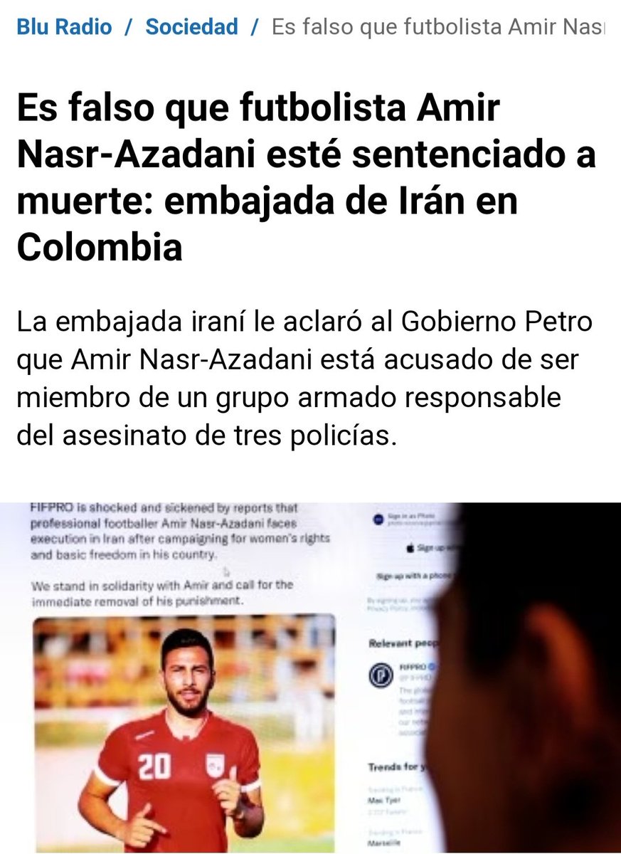⛔️FALSO🚨Embajada de la República Islamica de Irán🇮🇷en Colombia🇨🇴desmintió que el Futbolista detenido por promover protestas violentas esté condenado a muerte,La información es FALSA⚠️FAKE NEWS🚨veo que muchas personas se están solidacirando con algo Falso bluradio.com/sociedad/es-fa…