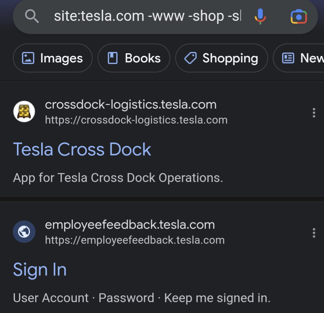 TakSec's tweet photo. My favorite Google dork flow:

1. Start w/ "site:<domain>"
2. Remove stuff "-www"
3. Keep reading and removing until you get to the fun stuff

Example:
site:tesla .com -www -shop -share -ir -mfa

#bugbountytips #bugbounty #hacking #infosec #cybersecuritytips #recon #bugbountytip https://t.co/jPweKSyUwo