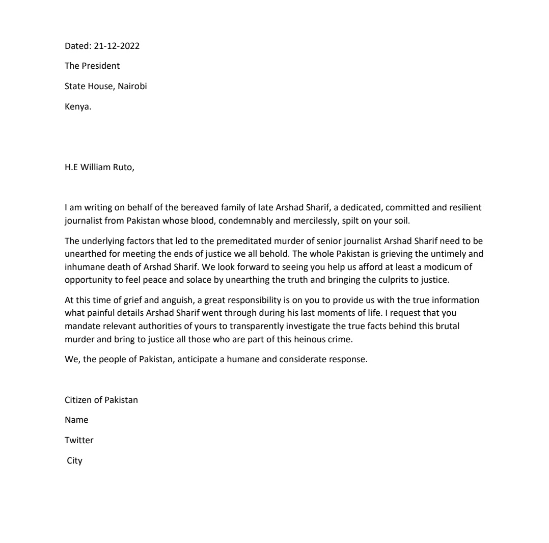 javerias's tweet photo. I have written letter to Pres @WilliamsRuto 
Nw I am requesting u all to tweet the letter to him and tag othr concerned authorities.
@WilliamsRuto @StateHouseKenya @ForeignOfficeKE @DrAlfredMutua @EliudOwalo @AmnestyEARO @CPJAfrica 
#KenyaJusticeForArshad
#JusticeForArshadSharif https://t.co/Wt9QsQ7X3p