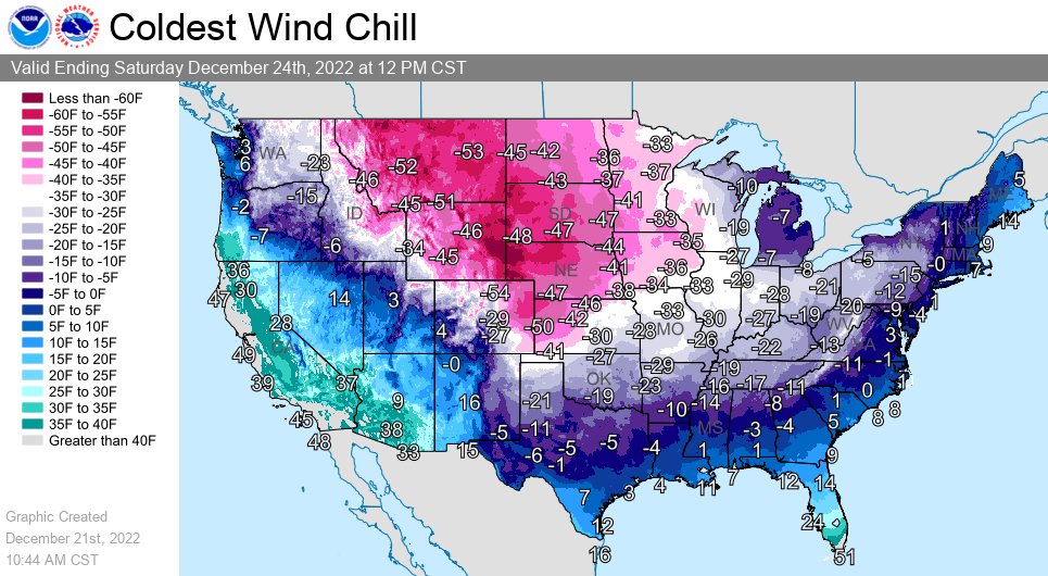 ❄️ Today is the first day of astronomical winter, and it will certainly feel like it for much of the nation through the end of this week.

🥶 Here are the coldest wind chills expected across the nation through Sat afternoon. Widespread Wind Chill Watches/Warnings are in effect.