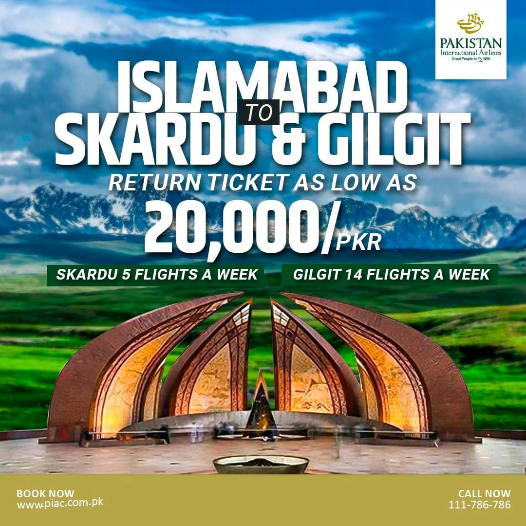 Official_PIA's tweet photo. #PIA invites you to one of the most picturesque destination of the world. Travel to #Gilgit on any of our 14 weekly flights or to  #Skardu with 5 flights a week on new amazing fares. Also avail discounts upto 25% on hotel bookings through the PIA website. https://t.co/nZyxW2a1vM