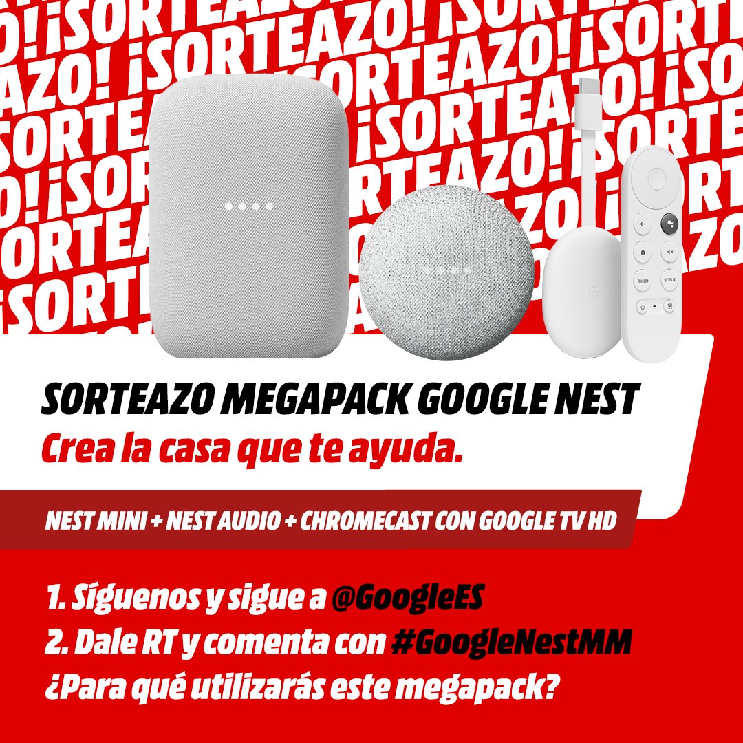 SORTEAZO MEGAPACK GOOGLE NEST🤩

Crea la casa que te ayuda con Nest Mini, Nest Audio y Chromecast con Google TV HD🏡

1⃣Síguenos y a <a href="/GoogleES/">Google España</a>
2⃣Dale RT y comenta con #GoogleNestMM ¿Para qué utilizarás este megapack?

Consíguelos aquí👉 bit.ly/GoogleNestenMe…
⚡️Hasta el 26/12