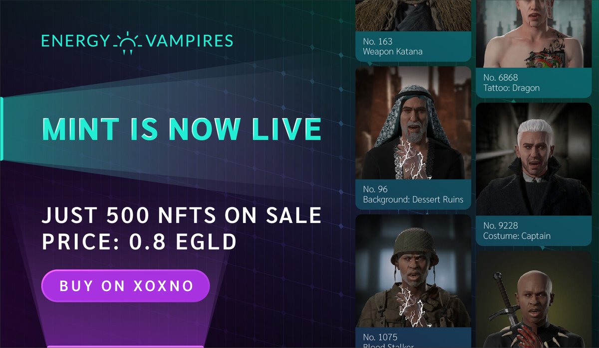 🚨🚨Mint is LIVE Now 🚨🚨

 📌Just 500 NFTs Available 

 💵Price : 0.8 $EGLD

LIVE MINT ON :  xoxno.com/buy/EnergyVamp…