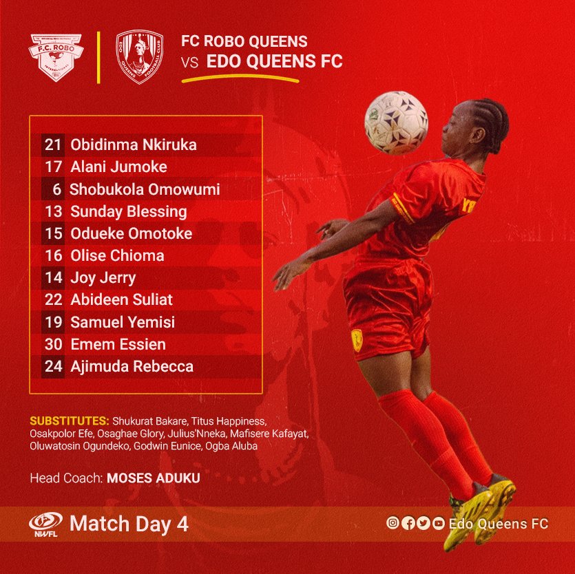EdoQueensF_C's tweet photo. NWFL Premiership matchday 4
6:13 pm, Kick off!
EDO QUEENS 0-0 ADAMAWA QUEENS
#EDOADA
#NWFLPremiership23 https://t.co/bFXowJUlT5