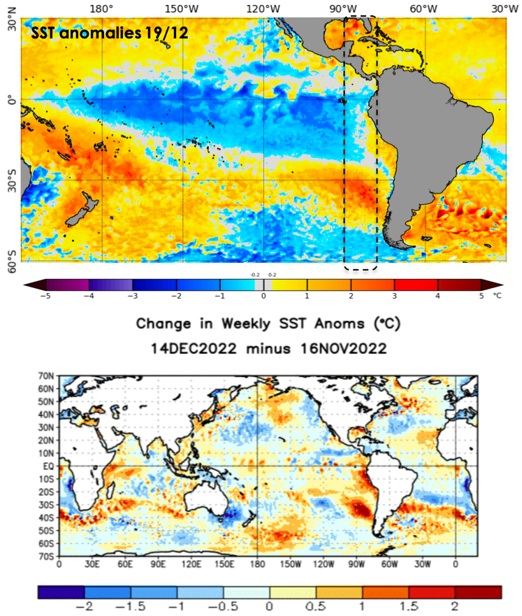 Desde noviembre hemos experimentado un alza importante de la temperatura del aire en Chile centro-sur. Pero también el mar se ha calentado mucho!

Incluso en presencia de La Niña.