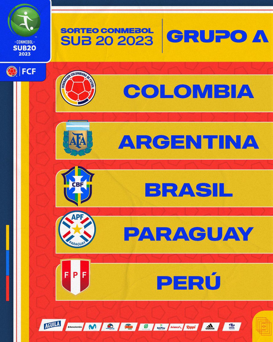 FCFSeleccionCol's tweet photo. ➡️ Se sorteó el CONMEBOL Sub 20 Colombia 2023

Nuestra Selección estará en el grupo A junto a:

🇦🇷 Argentina 
🇧🇷 Brasil
🇵🇾 Paraguay
🇵🇪 Perú

🔗 https://t.co/xgoX62QTQE

#TodosSomosColombia🇨🇴 https://t.co/4DRR6qEspl