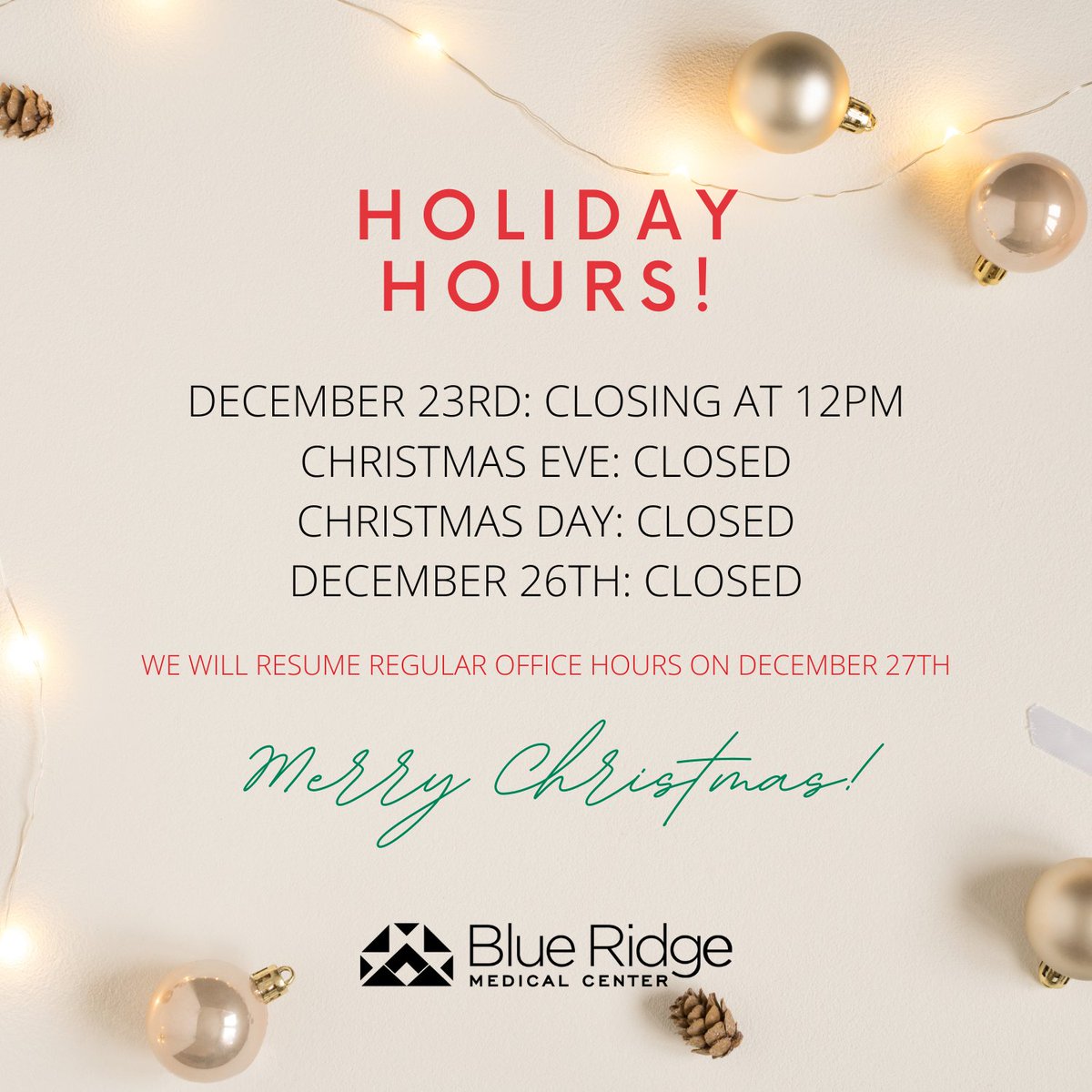 BRMedicalCenter's tweet photo. HOLIDAY HOURS: We're excited for Christmas and for everyone to get a small break with their families - us included!

We'll be closing all of our offices at 12pm on Friday and will be fully closed on Monday...but we'll be back to normal hours on Tuesday the 27th.

Merry Christmas! https://t.co/pOTm9BLnFx