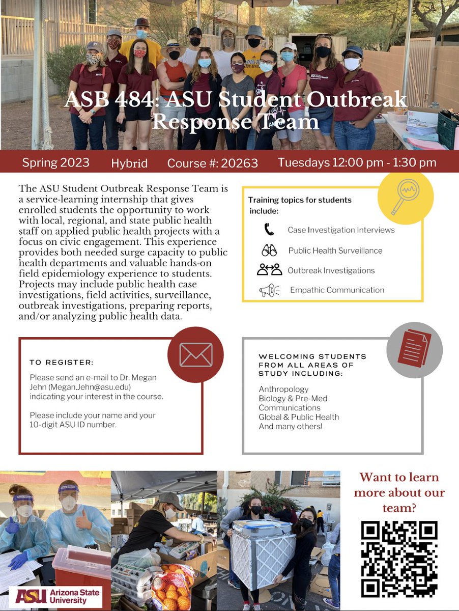 ASU Social Embeddedness (@asuembeddedness) on Twitter photo Register for ASB 484: ASU Student Outbreak Response Team, a serviceālearning internship that gives enrolled students the opportunity to work with health staff on public health projects with a focus on civic engagement. meganjehn.wixsite.com/jehnepilab
<a href="/JehnML/">Megan Jehn, PhD, MHS</a> <a href="/ASU_CGH/">ASU Center for Global Health</a> <a href="/ASUTheCollege/">The College of Liberal Arts and Sciences</a> Register for ASB 484: ASU Student Outbreak Response Team, a serviceālearning internship that gives enrolled students the opportunity to work with health staff on public health projects with a focus on civic engagement. meganjehn.wixsite.com/jehnepilab
<a href="/JehnML/">Megan Jehn, PhD, MHS</a> <a href="/ASU_CGH/">ASU Center for Global Health</a> <a href="/ASUTheCollege/">The College of Liberal Arts and Sciences</a>
