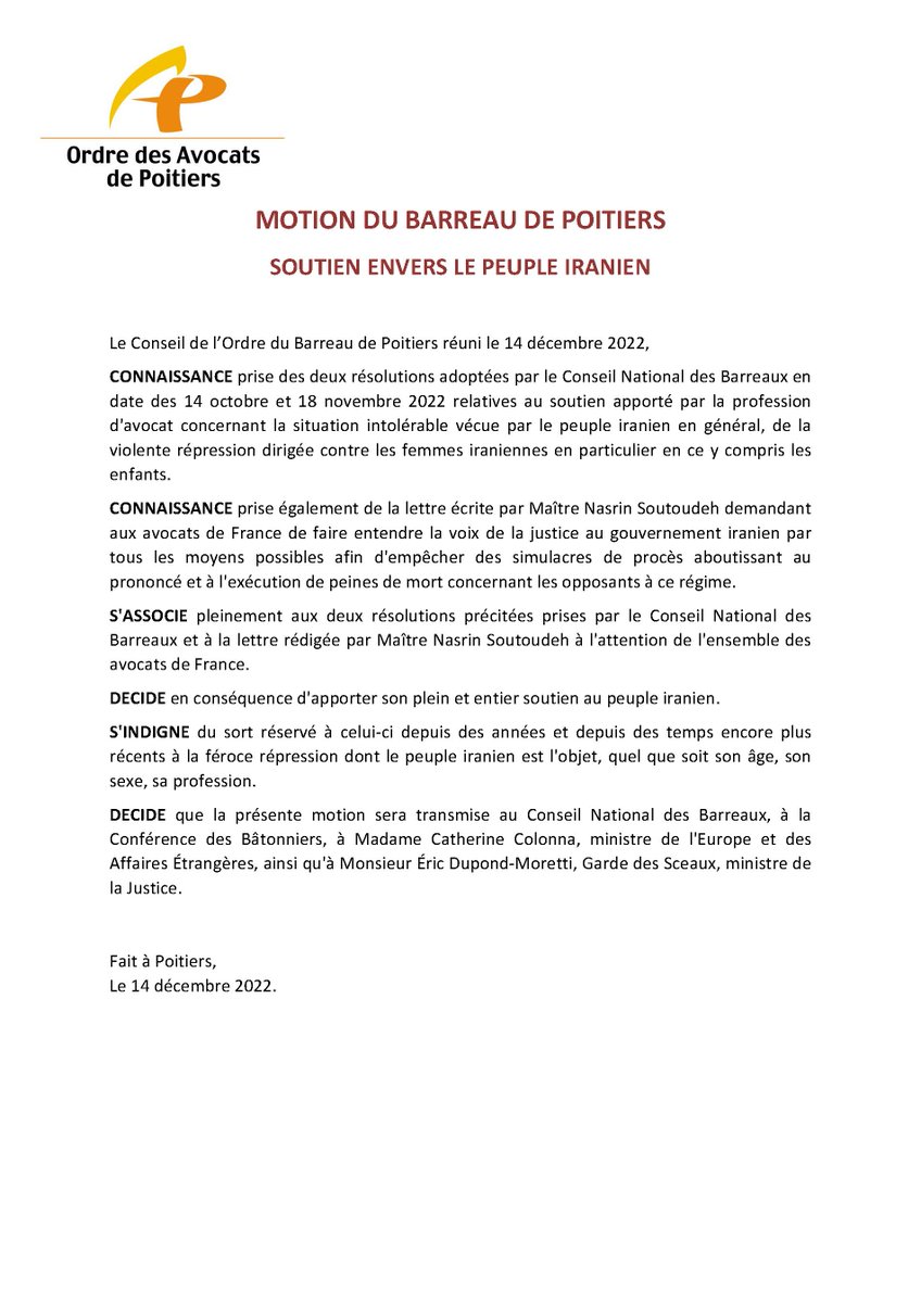 Le Barreau de Poitiers est particulièrement préoccupé par la situation intolérable en #iran. 
<a href="/NasrinSotoudeh/">نسرین ستوده</a>
 demande aux avocats de France de faire entendre la voix de la justice au gouvernement iranien. Plein et entier soutien au peuple iranien