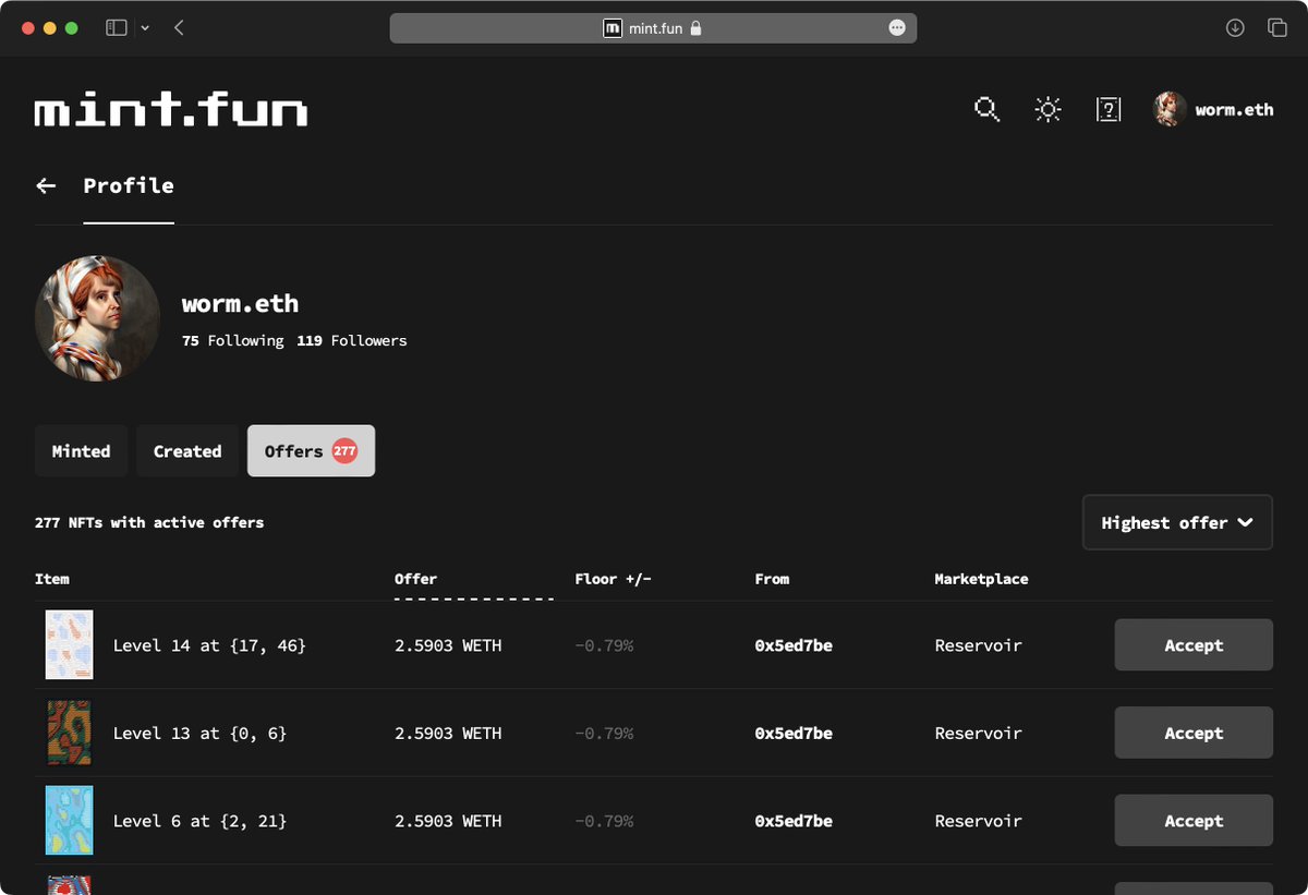 mintdotfun's tweet image. New on mint.fun. Offers! 

See which NFTs in your wallet have offers, across every marketplace. Powered by @reservoir0x.
