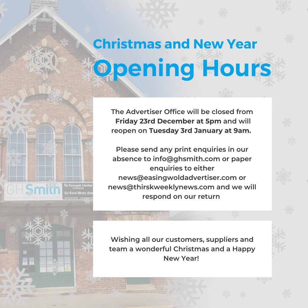 GHSmithSonPrint's tweet image. As 2022 begins to draw to a close, we thought we would let you know that we will be closed from Friday 23rd December &amp;amp; will reopen on Tuesday 3rd January at 9am. If you have any queries during this time, please send us an email. info@ghsmith.com #woldclass #easingwold