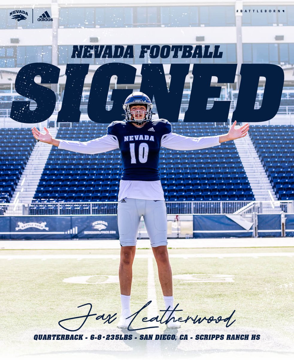 𝐒𝐢𝐠𝐧𝐞𝐝✒️

Bringing the big arm to the Pack, welcome to the squad @jaxleatherwood🐺

🔗 nevadawolfpack.com/2023SigningDay

#BattleBorn | #HomeisNevada