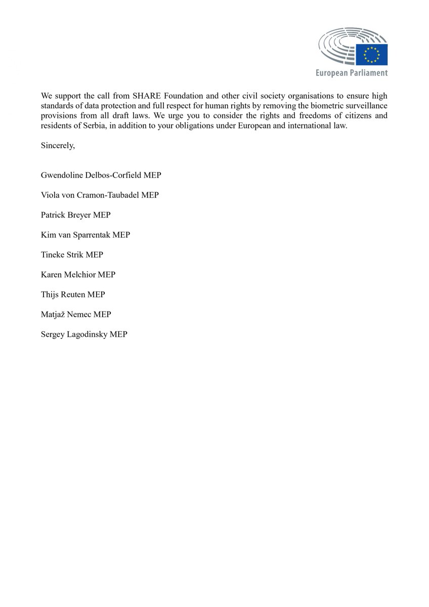 <a href="/GDelbosCorfield/">Gwendoline Delbos-Corfield</a> <a href="/ViolavonCramon/">Viola von Cramon 🇺🇦🇪🇺</a> 🇬🇧 New laws planned by the Serbian Gov threaten to deploy #BiometricMassSurveillance #BMS Yesterday, with <a href="/GDelbosCorfield/">Gwendoline Delbos-Corfield</a>, <a href="/ViolavonCramon/">Viola von Cramon 🇺🇦🇪🇺</a> &amp; 6 others, I sent a letter to <a href="/SerbianPM/">Aна Брнабић</a>.
This echoes the work we do in the  EP. 

More info by <a href="/ShareConference/">SHARE Foundation</a>: sharefoundation.info/en/new-policin…