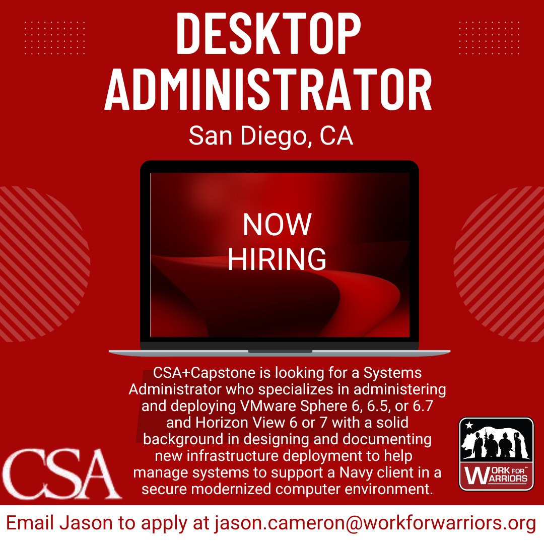 #CSA is #nowhiring #desktopadministrator in #sandiego! See if you qualify & visit our #jobboard at workforwarriors.org. Apply by sending your resume to Jason at jason.cameron@workforwarriors.org #tech #techcareers #desktop #sandiegocareers #workforwarriors #staffingredefined
