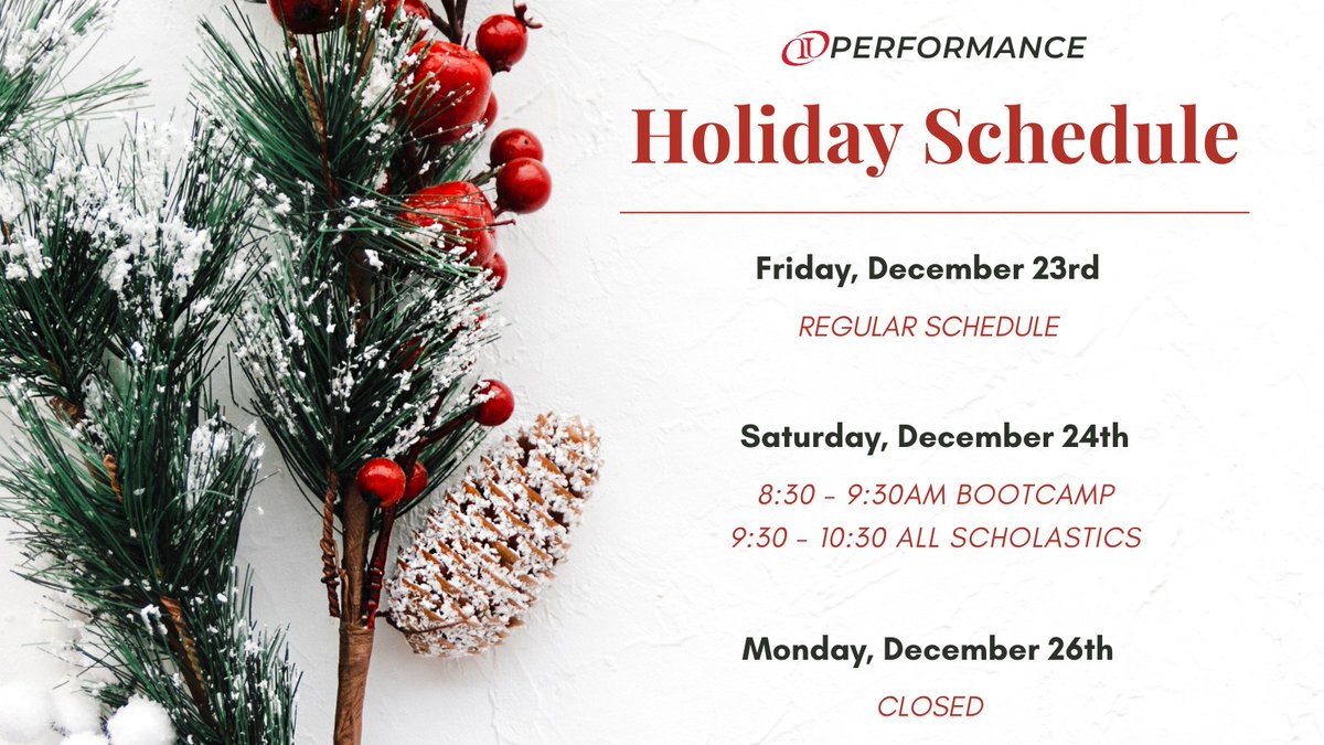 🎄 Holiday Schedule 🎄

Here's the schedule for the weekend. Be sure to check our social media for any schedule changes or weather updates!

Safe travels and Happy Holidays from your OI Performance Team ✨