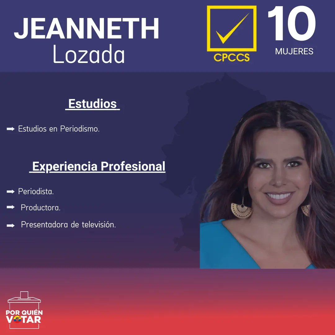 porquienvotarec's tweet photo. Conoce un poco más de esta candidata @Lozada_Jeanneth 👇 ¿Conocías a esta candidata que se está postulando al CPCCS? #lamejoropcion #votabien #rankingec #cpccs #elecciones2023 #porquienvotarec #Casillero10 #LaChica11 https://t.co/O0CRD1LvRe