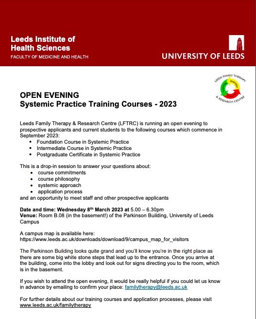 SystemicLeeds's tweet photo. Interested in Systemic Practice training?  Come and join our Open Evening on 8th March 2023. https://t.co/hXKqmsivmB