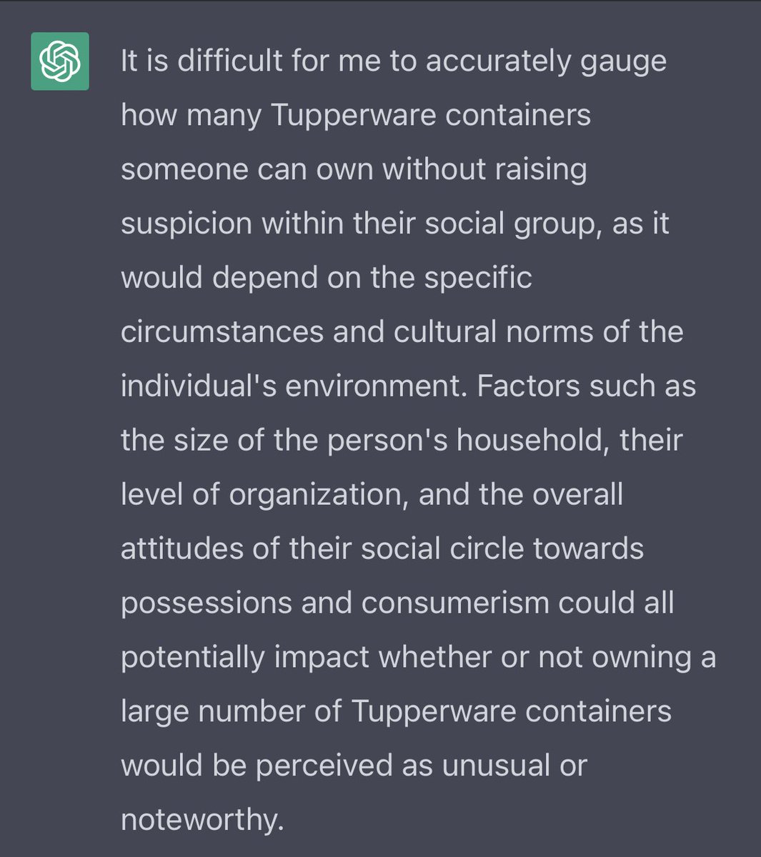 I very much appreciate #ChatGPT nuanced take on Tupperware ownership.