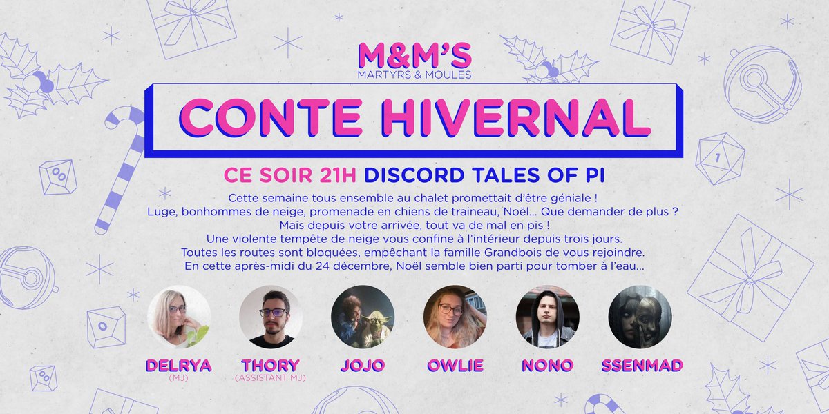 Ce soir, aura lieu la 1ère des trois tables que proposera notre Discord pour patienter jusqu'aux fêtes !

Une partie à suivre en direct à partir de 21h ici :
➡️ discord.gg/rGF6S4JHEy

Rejoignez nos 4 joueurs ce soir dans leur chalet pour un Noël un peu spécial.. ❄️

À ce soir !