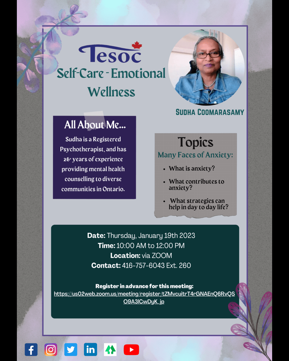 tesocms's tweet photo. Join TESOC for our FREE Self-Care &amp; Wellness Workshop on Thurs, Jan 19th 2023 @ 10:00 AM.
 
Register at: https://t.co/l3tRXcpzII

Contact Thuvaraka @ 416-757-6043 ext. 260
 
Check out: https://t.co/7APe1A99YJ
 
#SelfCare #Wellness #EmotionalWellness #ScarboroughTO #NonProfit https://t.co/1Em5D9Ir5U