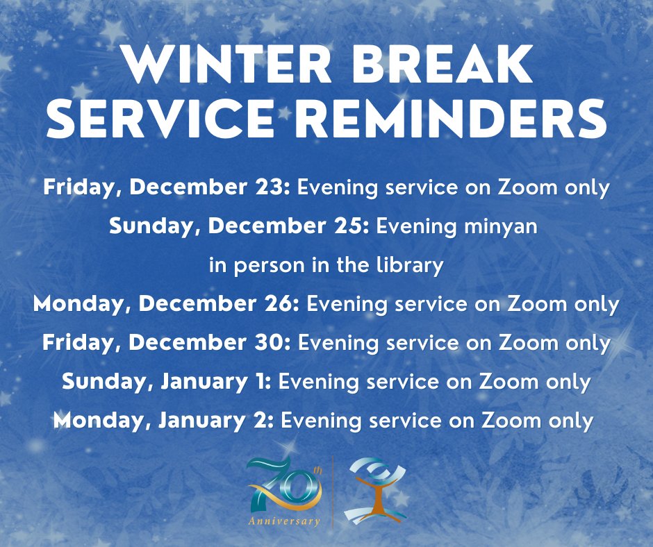 bethelmoco's tweet photo. On December 23, 26, and 30, and January 1 and 2, evening services will take place on Zoom only (no in-person service). On December 25, evening minyan will take place in person in the library (stop by on your way to Chinese Food &amp; A Movie!). https://t.co/5XZkUARd4S