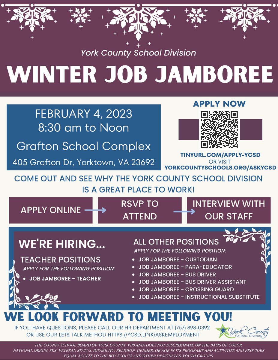 Do your new year’s resolutions include starting a new career path? #TeamYCSD is the place to be! The York County School Division is hosting a Job Jamboree for interested applicants on Saturday, February 4, at the Grafton School Complex. To apply: Tinyurl.com/apply-ycsd