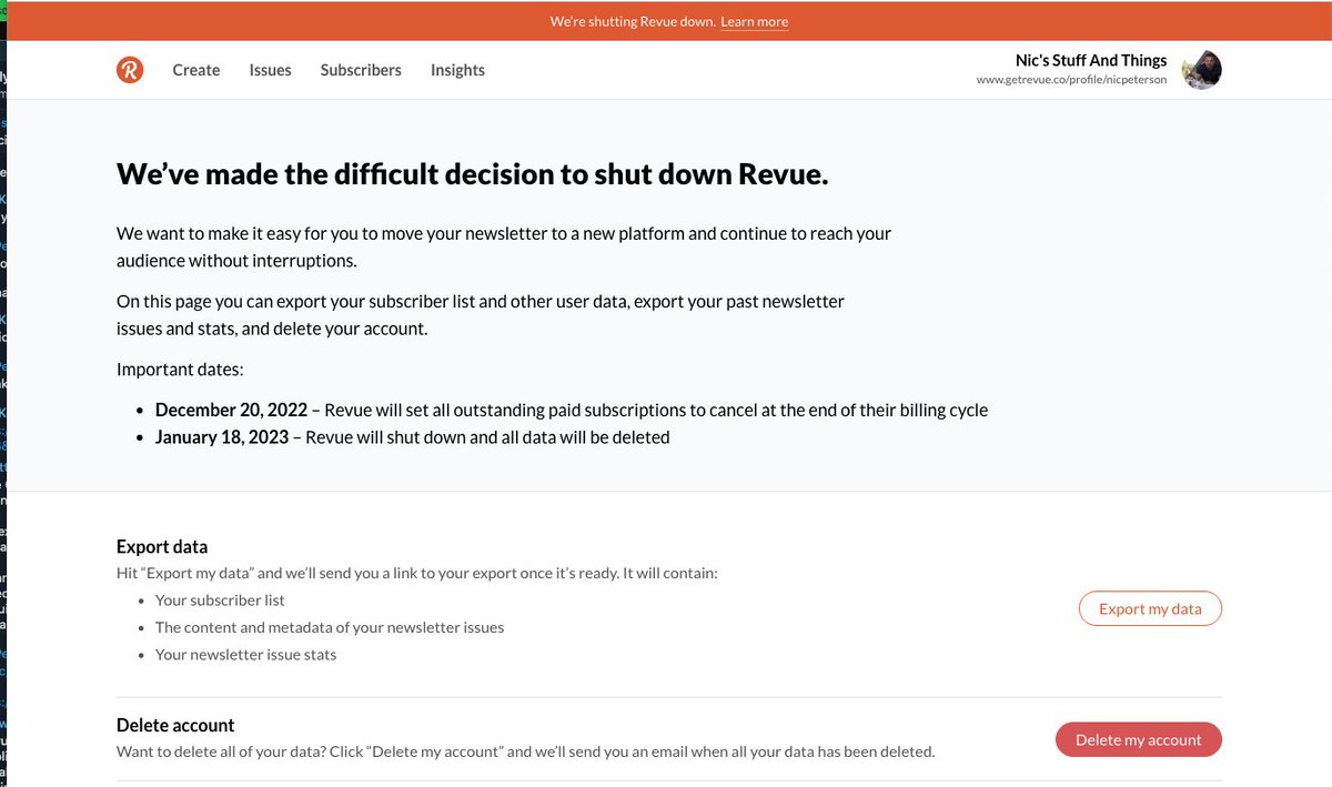 System Reliability and Stuff. 

Have been tinkering with Revue. Conceptually, it's brilliant. It's also shutting down. 

There is some talk about the "new" newsletter economy. Few thoughts👇
