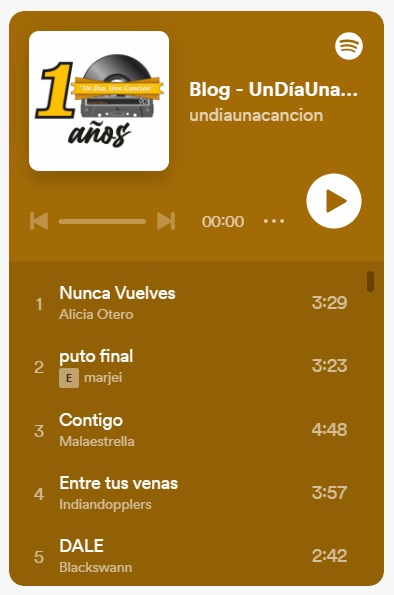 Los últimos temas de <a href="/blackswannoffi1/">BLACKSWANN</a>,  <a href="/indian_dopplers/">INDIANDOPPLERS</a>, <a href="/losMalaEstrella/">Malaestrella</a>, <a href="/marjei_/">marjei</a> y @aliciaog_ ya se encuentran en nuestra playlist de <a href="/SpotifySpain/">Spotify Spain</a> -> open.spotify.com/playlist/5U7A9…

y en undiaunacancion.es