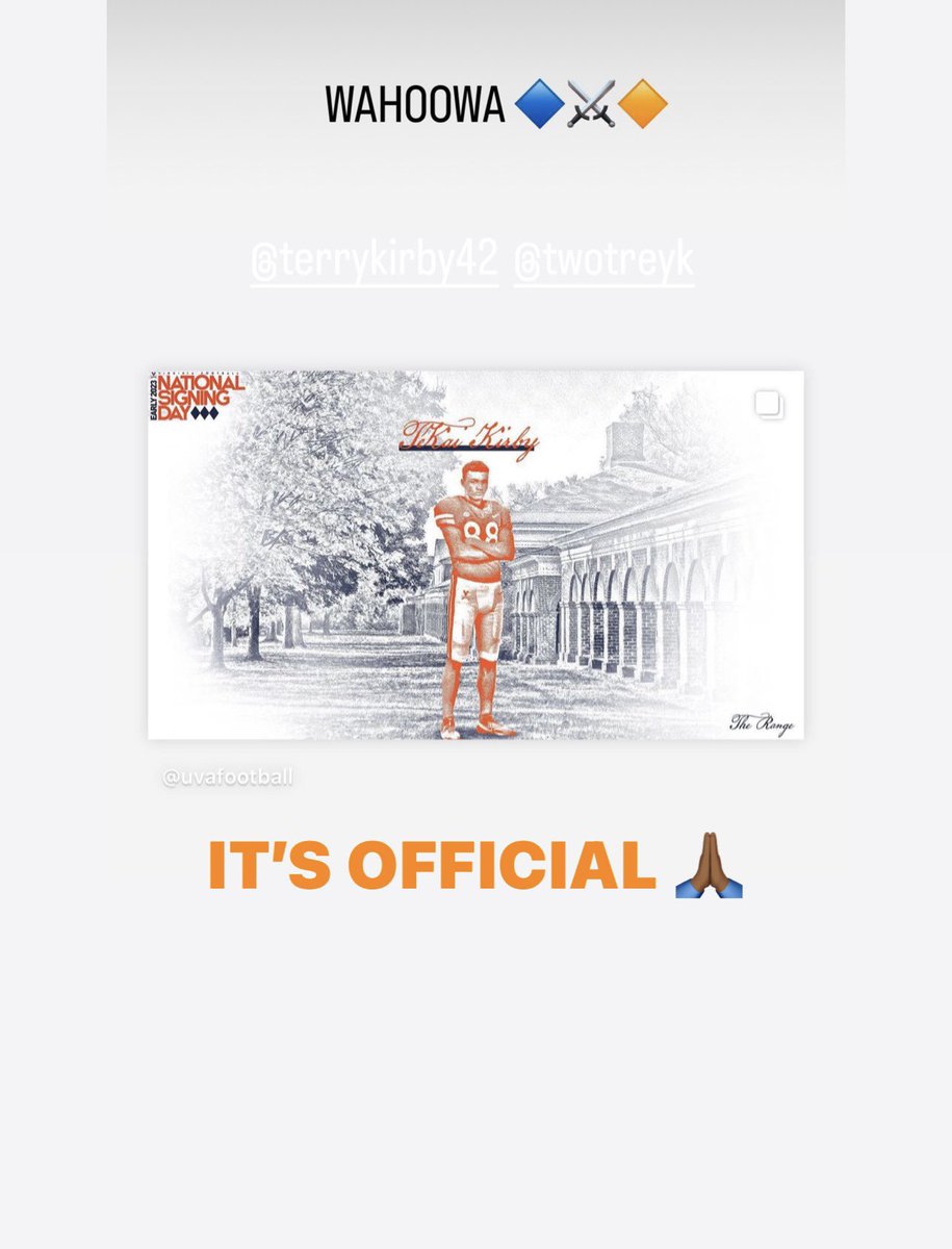 It’s official @tk.kirby88 is a #Wahoowa Congratulations I’m so proud of the young man you have became even through the adversity you had in high school. You will prove them all wrong because you have the Will,Faith and I believe in you🙏🏾 #keepgrinding