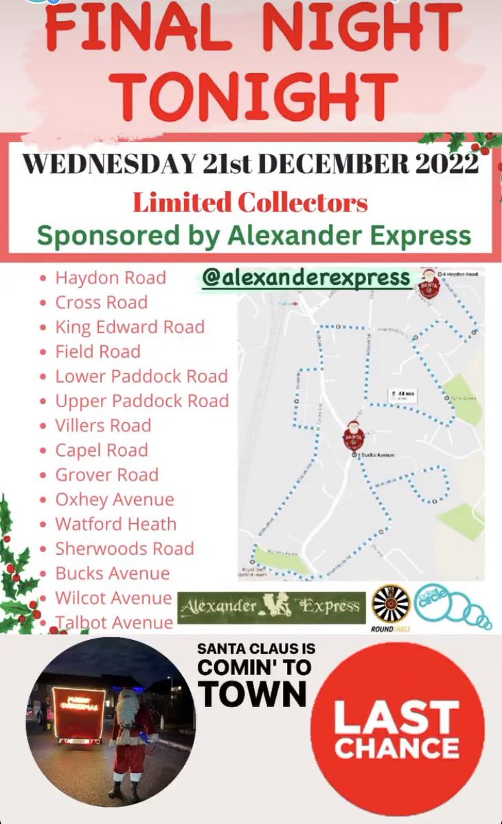 FINAL NIGHT - Santa is ready for his final journey tonight before the big day. Alongside a few elves from the Bushey &amp; Oxhey Ladies Circle and Round Table.

If you are unable to donate tonight please consider visiting justgiving.com/crowdfunding/b…

#Bushey #Oxhey #BusheySantaFloat