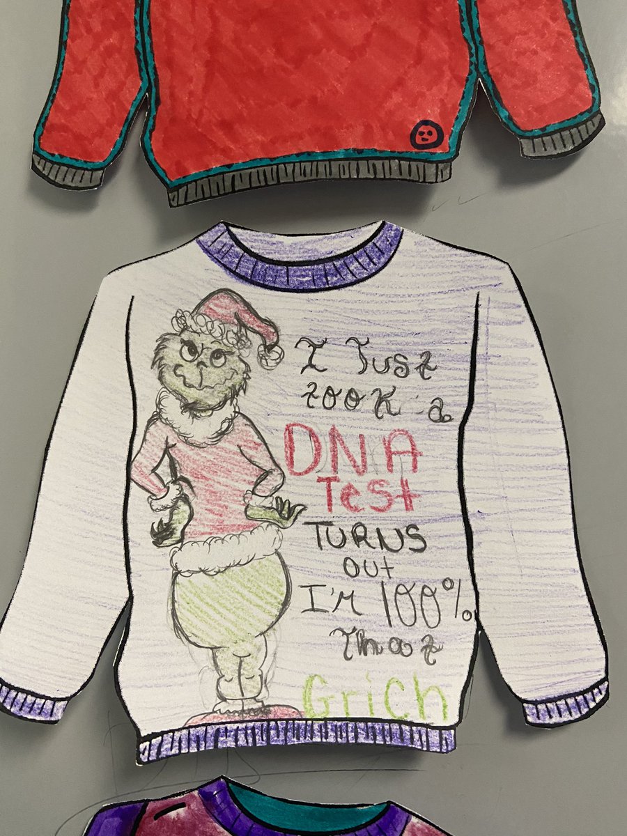 MsSMahmood's tweet photo. My students made some ugly sweaters that recapped some things they’ve learned in my class! A fun holiday activity 😊❄️☃️ @NTHS_Titans https://t.co/bbLtN1nOdX