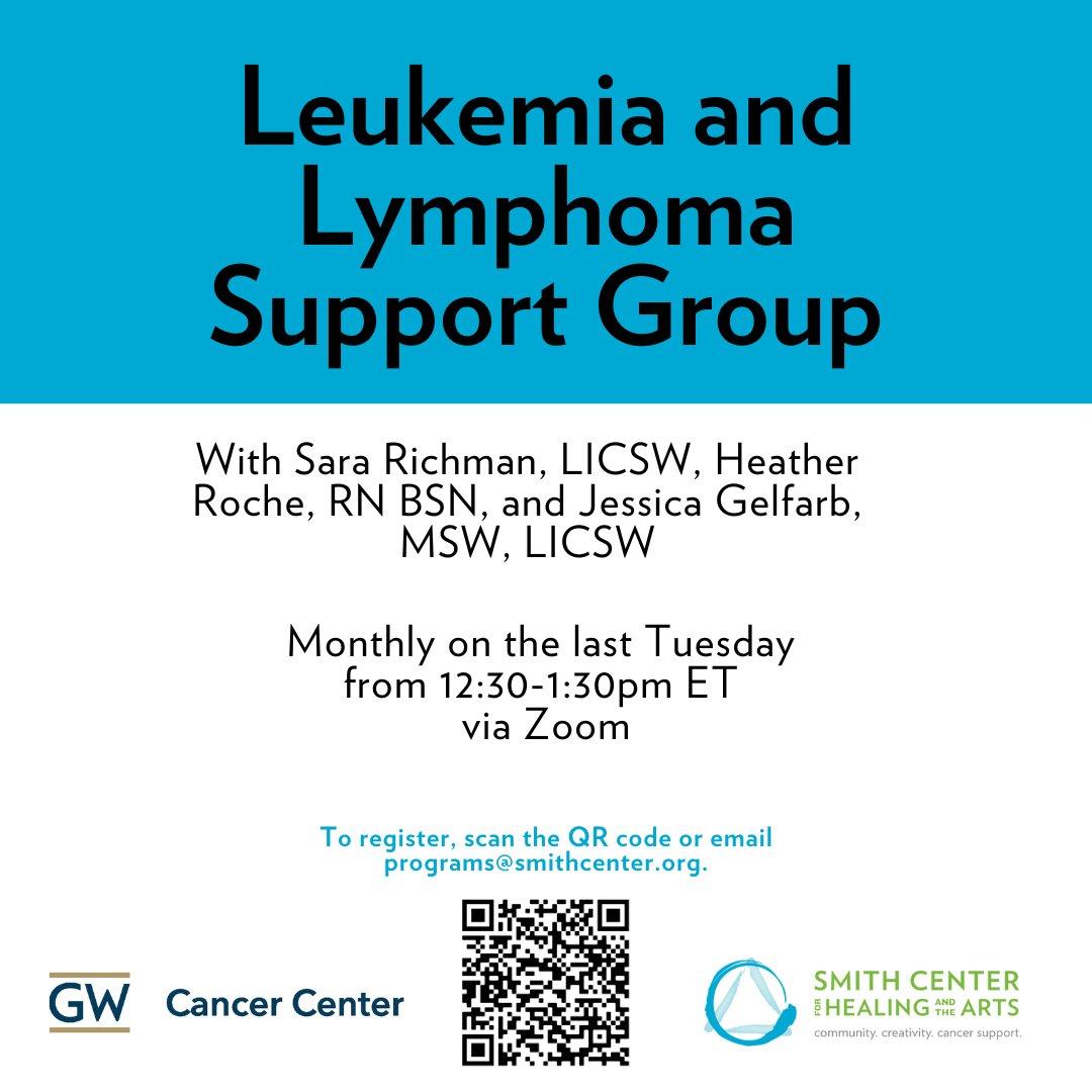 This monthly support group is designed for adult patients/survivors diagnosed with Leukemia or Lymphoma. It is open to people of all ages (18+) at any stage of the disease process.

Monthly on the last Tuesday @ 12:30-1:30pm ET via Zoom

To register: smithcenter.org/programs-retre…